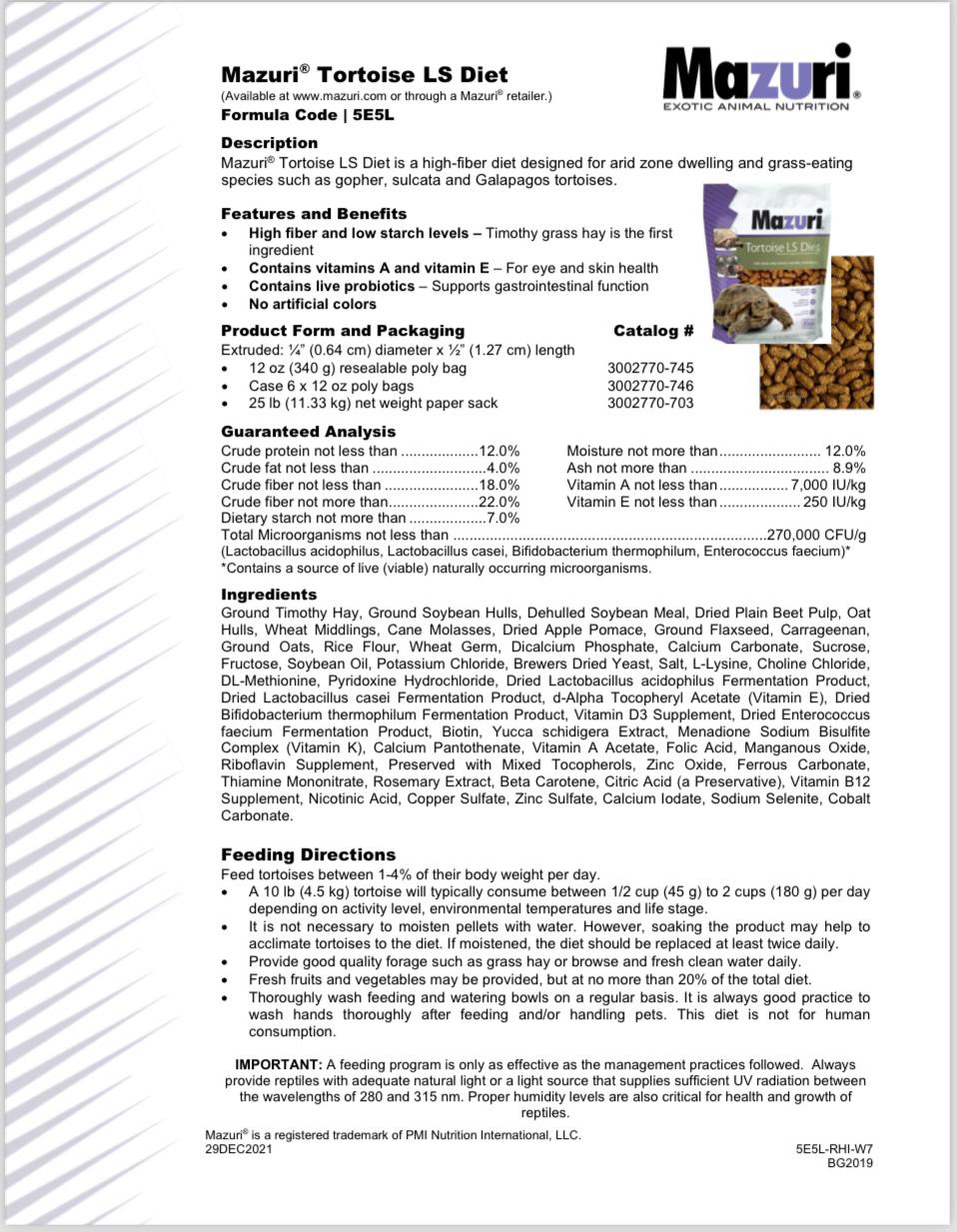 MAZURI TORTOISE DIET LS, Mangime Tartaruga, Mangime Rettile Erbivoro, Nutrazu